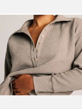 Negative Waffle Knit Pullover Gray Cotton Henley Sweater Size M